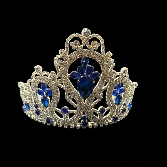 Vintage Blue Rhinestone Crown Tiara Prong Set Rhinestone Crown Prom Bridal - Picture 3 of 4